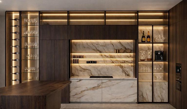 Lusso wine and glassware wall — walnut and marble